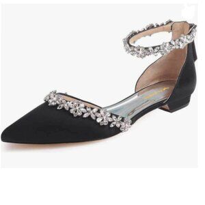 XYD Black Pointed Toe Wedding Sandals Sparkly Rhinestones Ankle Strap Dress Shoe